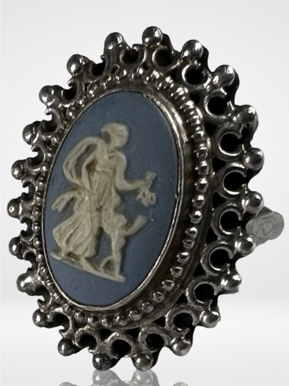 Vintage Wedgewood Blue Jasperware Cameo Ring Sterling Silver JW Hallmark